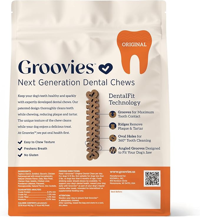 Groovies Flexible Dog Dental Chews with Patented DentalFit Technology to Help Support Tartar Control & Fresh Breath, Small Dog Chews for 5-15 lb Dogs, USA Manufactured Oral Care, 43 Chews