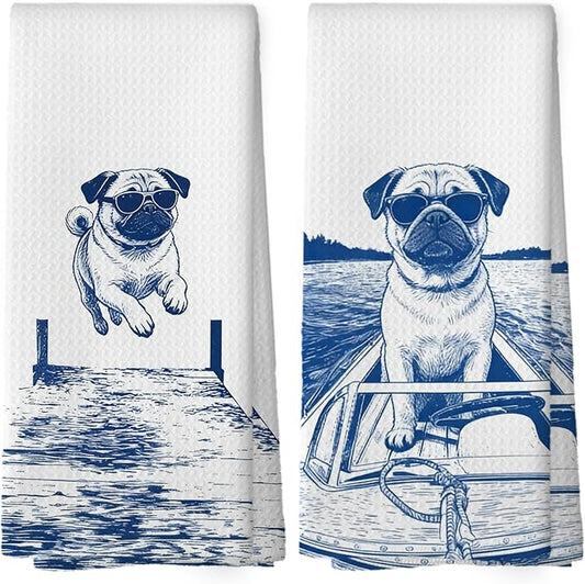 Lake House Decor Pug Kitchen Towels Set of 2, Summer Funny Lake Dog Coastal Bathroom Hand Towel, Dog Lover Gifts Tea Towel Dish Towels 16x24 Inch