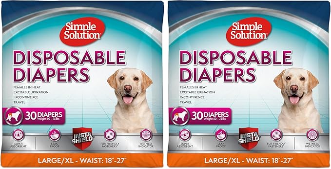 Simple Solution True Fit Disposable Dog Diapers for Female Dogs - Super Absorbent with Wetness Indicator - L/XL (Waist 18-27in) - 30 Count (Pack of 2)