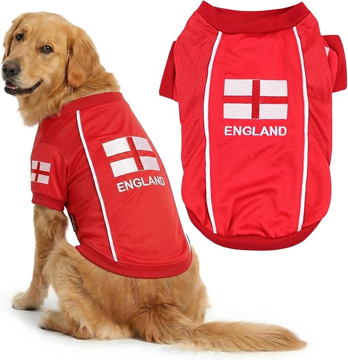 Parisian Pet Team England Dog Jersey - Breathable Mesh Puppy Football Jersey - Lightweight Stretch Sporty Dog Clothes - Summer Shirts for Large Dogs - Soccer Jersey for Dogs - Sportswear Pet Clothes