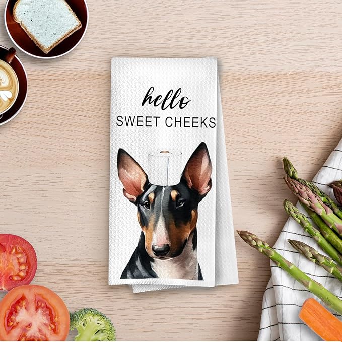 Bull Terrier Bathroom Decor - Funny Bull Terrier Gifts Waffle Decorative Hand Towels, Hello Sweet Cheeks Bathroom Decor, 16x24 Inches