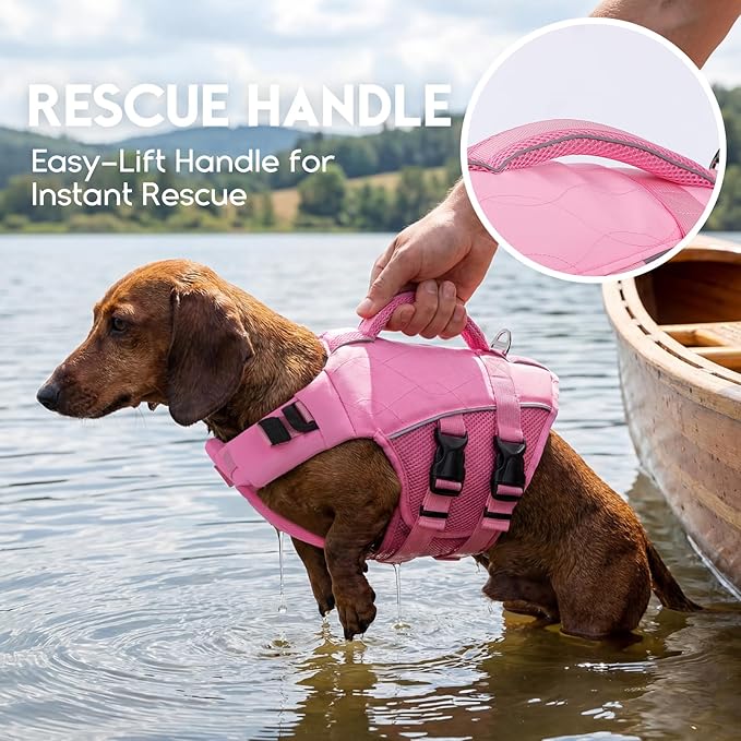 ASENKU Dog Life Jacket, High Floatation Dog Swimming Vest with Rescue Handles for Small Medium Large Dogs, Pet Safety Swimsuit Preserver for Pool Beach Boating (LightPink, XL)