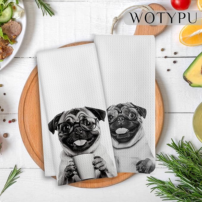 Funny Pug Kitchen Bar Towels, Gifts for Pug Lovers Dish Tea Towel, Wine Coffee Lover Gifts Decorative Hand Towels for Kitchen Bar Cart Decor, 16x24 Inch Set of 2