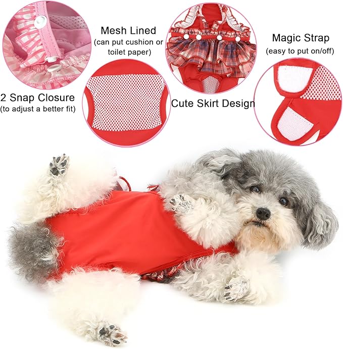 Zunea Washable Female Small Dog Diapers for XS/S Size Dogs Adjustable Suspender Reusable Puppy Sanitary Diaper Pantie Cute Plaid Nappies Skirt for Doggy Chihuahua Yorkie in Heat Red S
