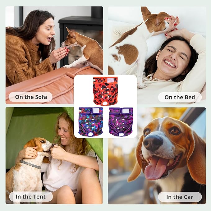 wegreeco Washable Female Dog Diapers Highly Absorbent Reusable Diapers for Dog in Heat Period, 3 Pack (Abstract Geometrical Purple, Large)