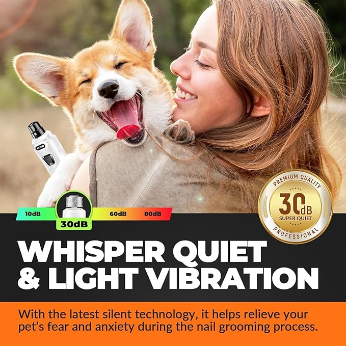 Whisper Quiet Dog Nail Grinder with LED Light, Safe & Stress-Free for Sensitive Dogs of All Breeds & Sizes, 3 Grinding Bits, 3-Speed, Pet Nail Trimmers, Rechargeable Painless Grooming Kit White