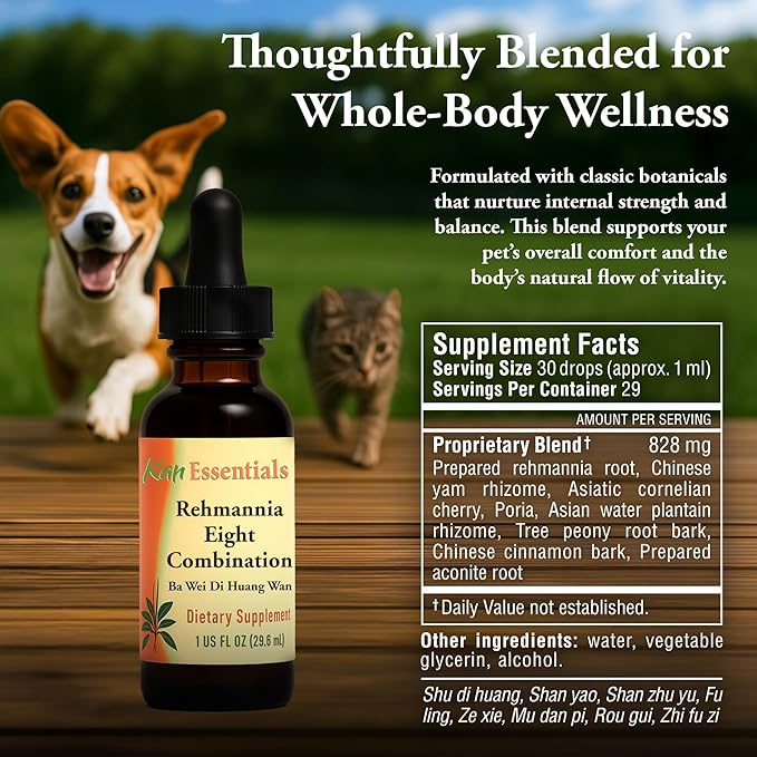 Kan Herb Company Rehmannia Eight Combination – Traditional Chinese Herbal Blend for Dogs and Cats to Support Kidney Health, Vitality, and Hormonal Balance, Liquid Herbal Supplement for Pets, 1 fl oz