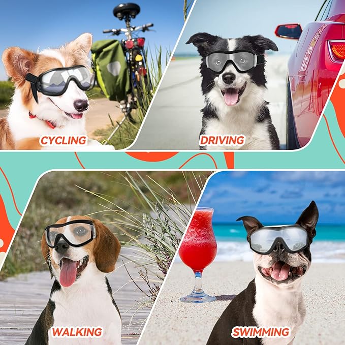 PETLESO Dog Goggles Sunglasses for Large Breeds - 2PCS Black & Clear UV Protection Set, Windproof Eye Wear for Medium to Large Dogs, Ideal for Riding/Driving/Hiking