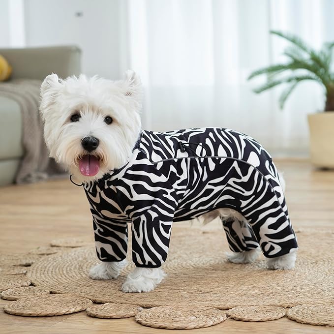 Fleece Dog Coat for Small Medium Dog,Pullover Pajamas Jumpsuit Bodysuit Puppy Coats with Legs, Pet Windproof Warm Cold Weather Jacket Full Body Vest Cozy Snowsuit Outfit Clothes (Zebra Striped, L)
