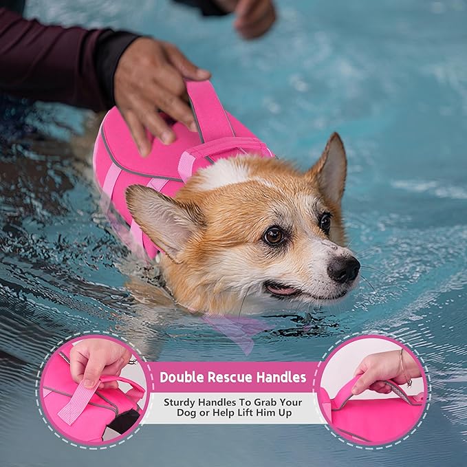Dogcheer Dog Life Jacket with Double Rescue Handle, Reflective Dog Harness Life Vest for Swimming Boating, Adjustable Pet Swim Vest Dog Flotation Device DFD for Small Medium Large Dogs - Pink XS