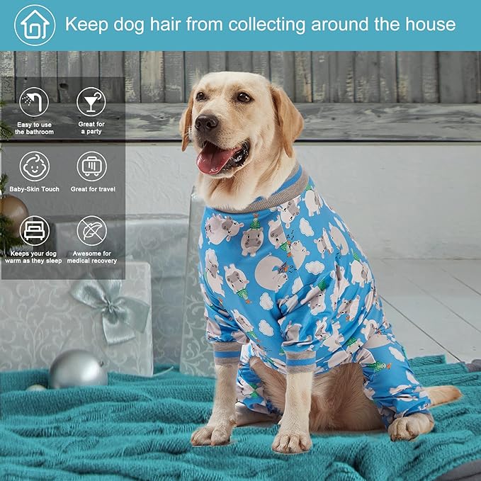 LovinPet Large Dog Clothes/Big Dog Onesie, Slim Fit, Lightweight Pullover/Full Coverage Dog Pjs/Happy Hippo Blue Print/Large Husky Pajamas/Medium