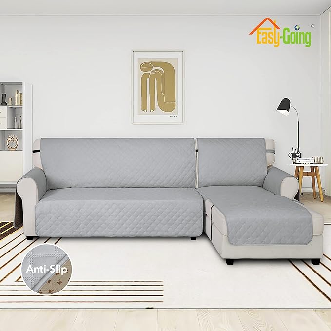 Easy-Going Waterproof Sectional Couch Covers with Chaise 2-Piece Non Slip L Shape Sofa Cover for Dogs Leakproof Furniture Protector Cover with Adjustable Strap for Pets (Large, Light Gray)