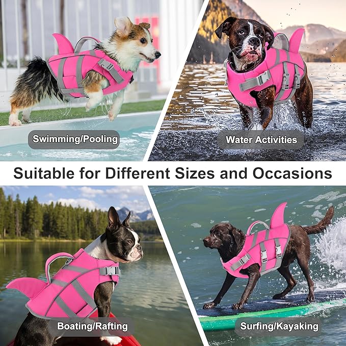 Dogcheer Shark Fin Dog Life Jacket, Adjustable Dog Harness Life Vest for Swimming Boating, Reflective Puppy Swim Vest Pet Flotation Device for Small Medium Large Dogs -Pink, M