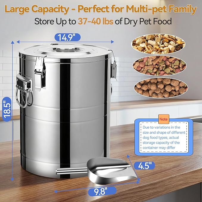 Newget 40 Lbs Stainless Steel Dog Food Storage Container, Large Airtight Pet Food Storage Bin with Lid to Keep Fresh, Metal Container with Scoop for Dog, Cat, Bird Seed, Rice, Grain & Kitchen Pantry