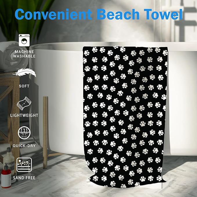 Black Paws Dog Pet Beach Towel Gifts for Women Dog Lovers Owner, Funny Cute Quick Dry Travel Sand Free Beach Towels Oversized Decor for Bathroom Swimming Pool 30x60in