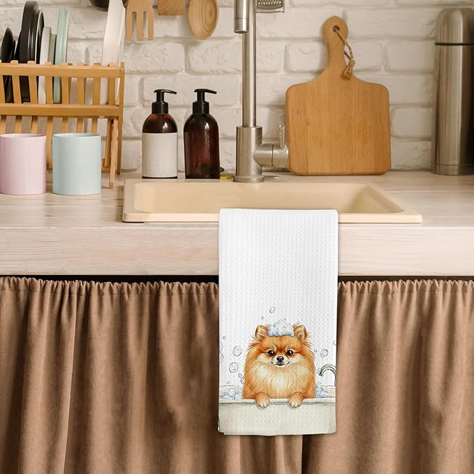 Funny Pomeranian Gifts Hand Towels, Dog Bathroom Decor, Cute Pomeranian Dog Dish Tea Towels, Funny Pomeranians in Bathtub Hand Towel for Toilet Kitchen Restroom Decor, 16x24 Inch