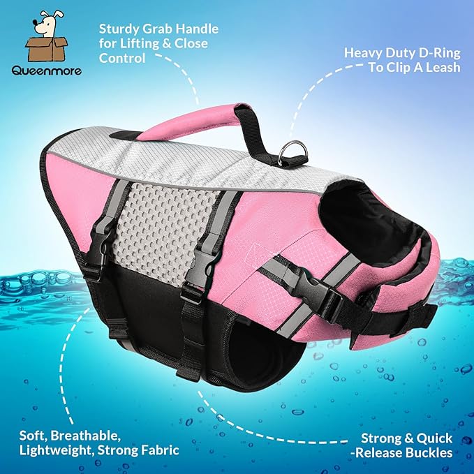 Queenmore Small Dog Life Jacket Swimming Vest Medium Dogs Boating Life Preserver Neoprene Lightweight Reflective Cat Puppy Kayaking Lifesaver for French Bulldog,Dachshund,Shih Tzu,Pug(Pink,M)
