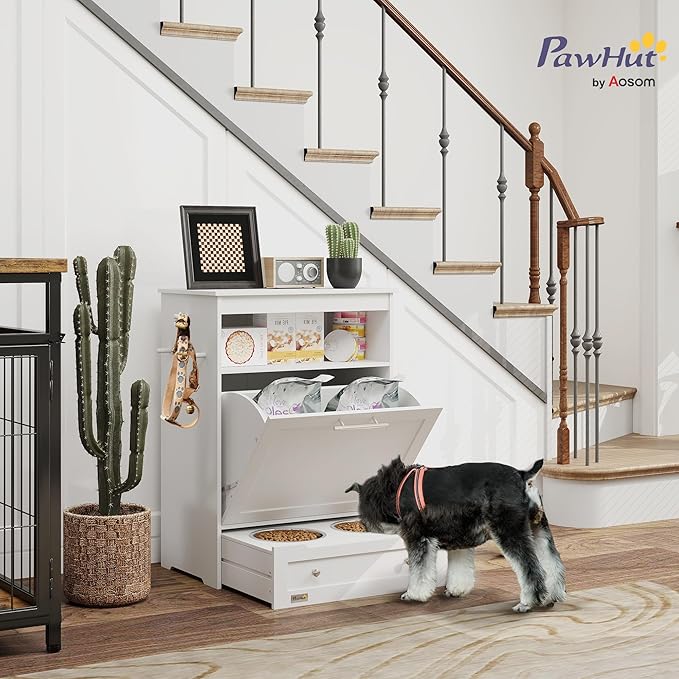 PawHut Dog Feeding Station with Raised Bowls & Storage Cabinet, Pet Feeder Cabinet Container with Hanger for Feeding & Watering Supplies, Dog Food Organizer, White