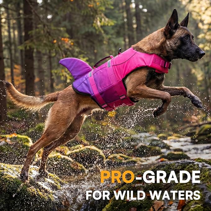 Queenmore Dog Life Jacket High Flotation, Reflective Dog Life Vest for Swimming, Adjustable Dogs Life Preserver Rescue Handle Spring Summer Pool for Small, Medium, Large Dogs (Pink Purple,S)