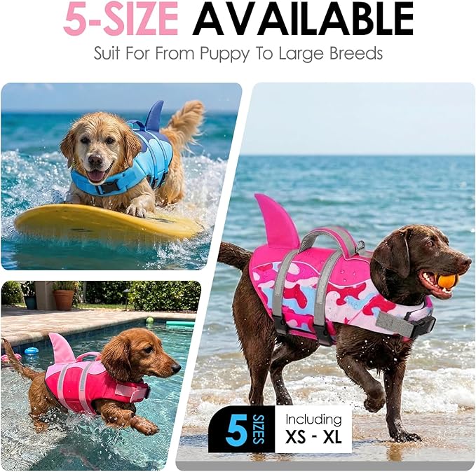 AOFITEE Dog Life Jacket Large, Shark Dog Life Vest for Swimming Boating, High Flotation Reflective Dogs Swimming Vest Lifesaver with Rescue Handle, Pet Swimsuit for Small Medium Large Dogs, L