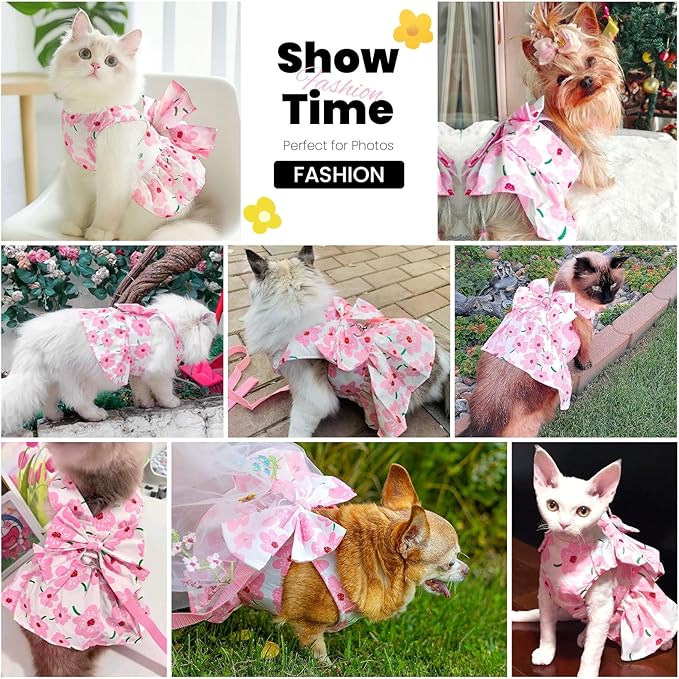 Cute Dog Dress Small Dog Clothes for Girls Female Puppy Outfits Pink Floral Pet Summer Clothes Bowknot Doggy Cat Princess Dress Harness Set for Holiday Birthday Party Costume Clothing (Pink,L)