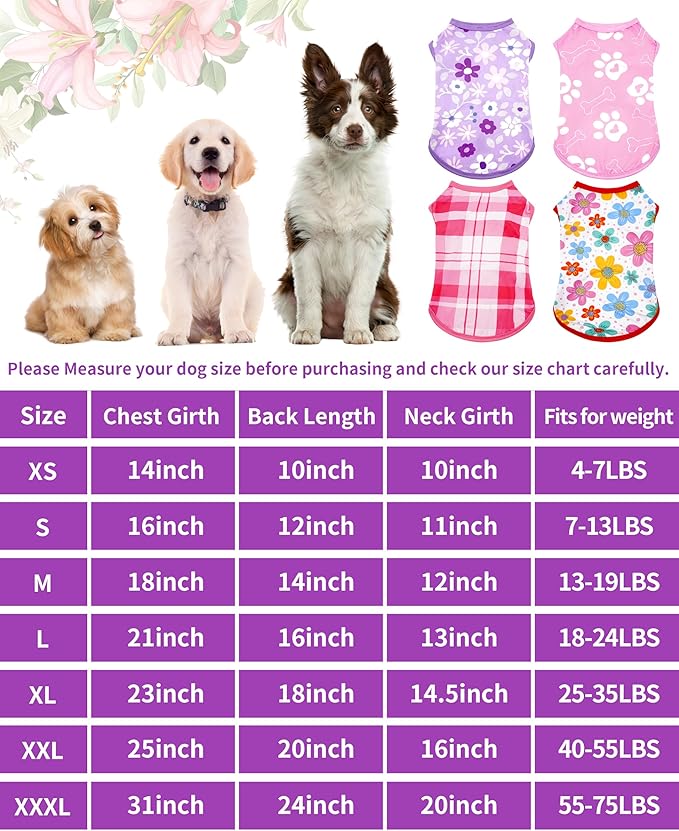 PET SHOW 4 Pack Summer Dog Shirts for Medium Large Dogs Girl UPF 50+ UV Sun Protection Cooling Clothes Tank Top Floral Puppy T-Shirts Pet Holiday Party Sleeveless Vest Pink(X-Large)