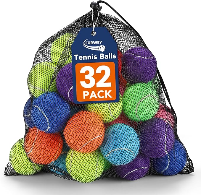 Tennis Balls for Dogs 32 Pack,2.5 inches,Durable and Non-Toxic Dog Toys Balls with Mesh Bag,Colorful Fetch Toys Balls for pet Dog (Non Squeaky)
