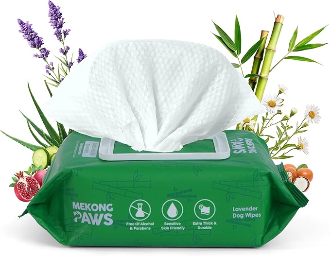 Bamboo Grooming Wipes - Calming Lavender Scented - Freshening Dog Cat Wipe - Gentle on Sensitive Skin - Thick & Durable for Paws, Coat & Bum - 100 Count
