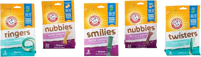 Arm & Hammer for Pets Nubbies Dental Treats - Baking Soda & Calcium Dog Dental Chews, Nubbed Texture Helps Scrub Plaque & Tartar While Chewing, Peanut Butter Flavor, 20 Count, 7 Ounce - 4 Pack