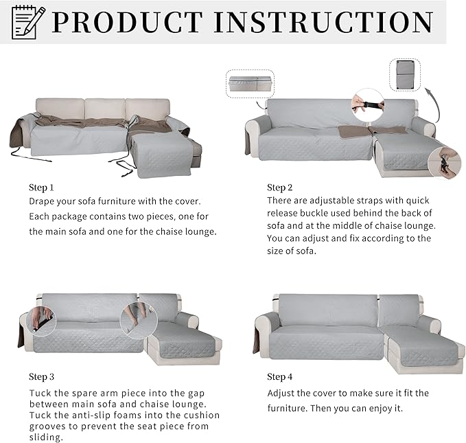 Easy-Going Waterproof Sectional Couch Covers with Chaise 2-Piece Non Slip L Shape Sofa Cover for Dogs Leakproof Furniture Protector Cover with Adjustable Strap for Pets (Small, Light Gray)