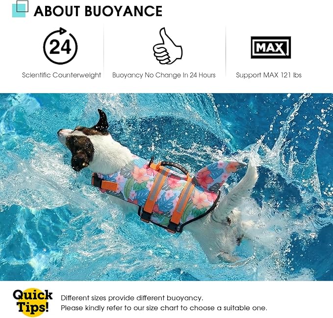 Queenmore Dog Life Jacket High Flotation, Reflective Dog Life Vest for Swimming, Adjustable Dogs Life Preserver Rescue Handle Spring Summer Pool for Small, Medium, Large Dogs (HawaiiOrange,M)