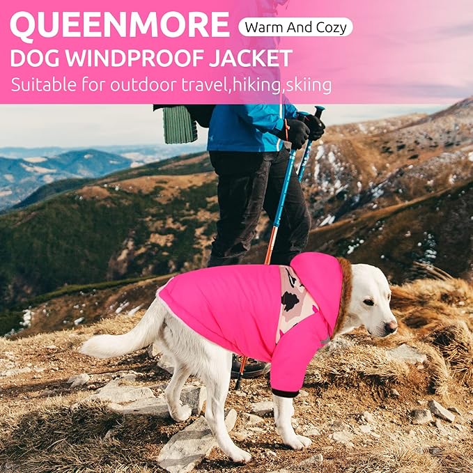 Queenmore Warm Dog Winter Coat, Cold Weather Waterproof Snow Jacket with Reflective Hoodie, Long Sleeves for Small to Large Dogs