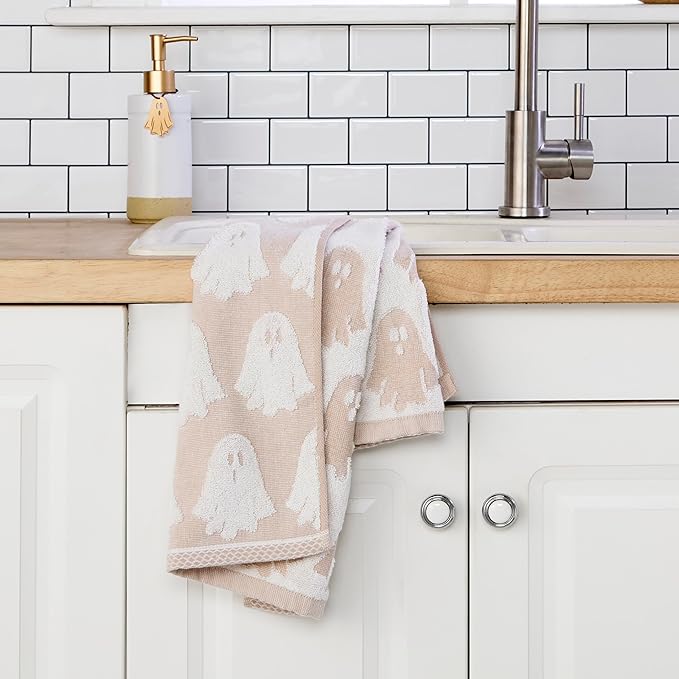 SKL Home Halloween Ghost Jacquard 100% Cotton Reversible 2pc Hand Towel Set, Soft & Absorbent, Decorative for Bath/Kitchen/Bar & Gift, Tan