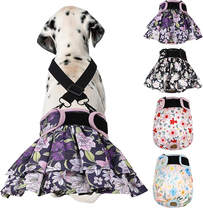 Washable Female Dog Diapers (4 Pack+1 Suspenders), Reusable Female Girl Doggy Doggie Puppy Wraps Panties Belly Band for Pet Heat Period Pooping Peeing Potty Training Incontinence Marking Flower Small