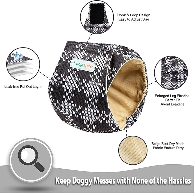 Langsprit Belly Bands for Dogs (Pack of 3) - High Absorbing, Reusable Small Dog Diapers - Plaid-1 XS