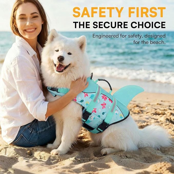Queenmore Dog Life Jacket, Dog Life Vest for Swimming, High Flotation Shark Swimming Safety Vest for Large Dogs, Adjustable Reflective Pet Lifesaver Preserver, Blue Flower L