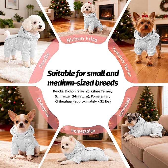 White Duck Down Dog Coat - 4-Leg Coverage, Waterproof Windproof Warm Winter Snowsuit, Cotton Anti-Static Lining, Built-in Harness Hole for Small/Medium Dogs,Size 13(M) Silver