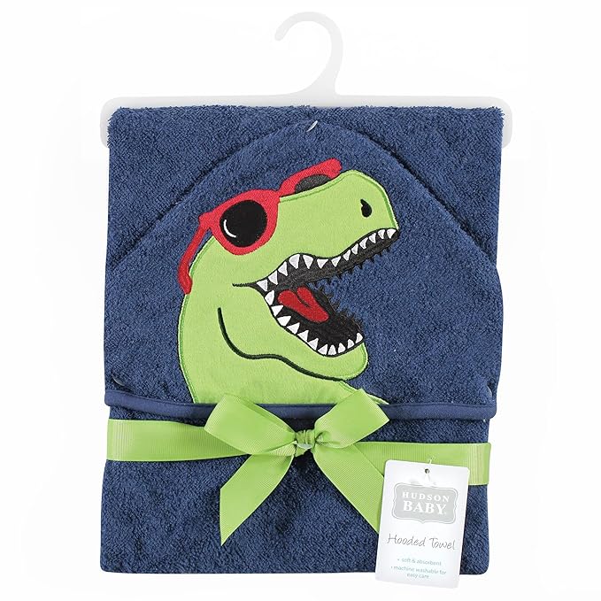 Hudson Baby Unisex Baby Cotton Animal Face Hooded Towel, Cool Dino, One Size