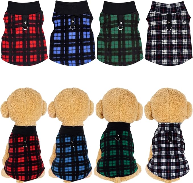 Rbenxia 4-Piece Buffalo Plaid Dog Sweater Set - Soft Fleece Jacket & Vest with Leash Ring - Warm Winter Outfits for Small Puppy & Cat Pets (X-Large)