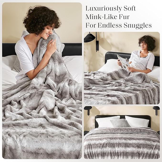 Madison Park Ultra-Soft Poly Fur Blanket Queen Size, Reversible Plush, All Season & Lightweight Queen Fuzzy Blanket for Bed, Couch & Sofa, Zuri, Full/Queen Grey