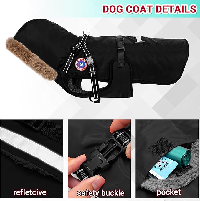 PAWNISAW Dog Winter Coat with Harness Built in, Warm Thick Plush Hooded Dog Snow Jacket for Cold Weather, Windproof Reflective Pet Clothes Outfit for Small, Medium, Large, XL & XXL Dogs Outdoor
