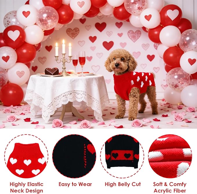 2 Pack Valentines Dog Sweater, Knit Pet Small Dog Sweater Holiday Valentine’s Day Outfit Clothes for Small Medium Large Dogs Pets (Red & Black, Small)