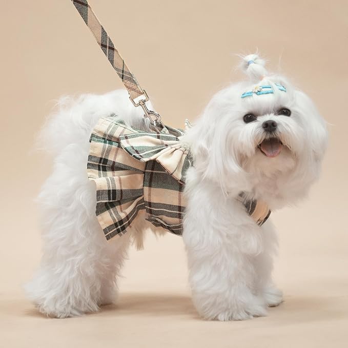 PUPTECK Plaid Dog Dress with Leash - Cute Puppy Harness Clothes for Small Medium Sized Dogs, Outfits for Girl Puppy Wedding Birthday Costume