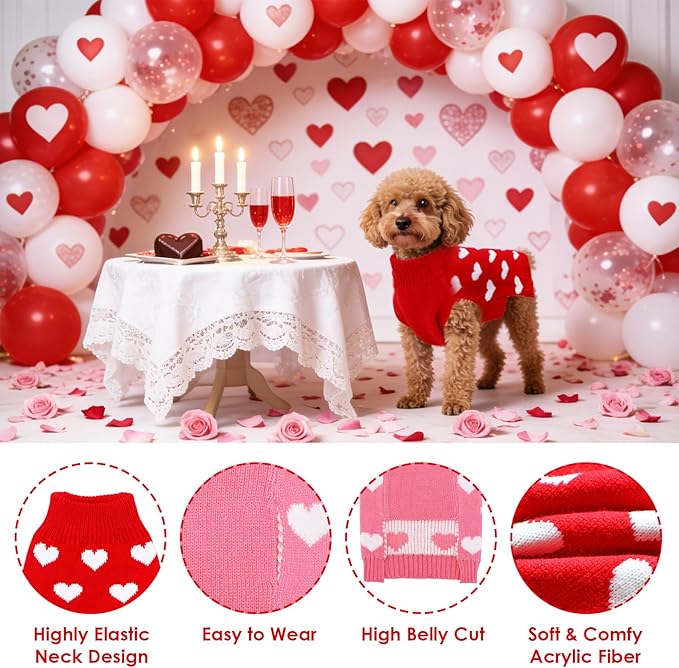 2 Pack Valentines Dog Sweater, Knit Pet Small Dog Sweater Holiday Valentine’s Day Outfit Clothes for Small Medium Large Dogs Pets (Red & Pink, Small)