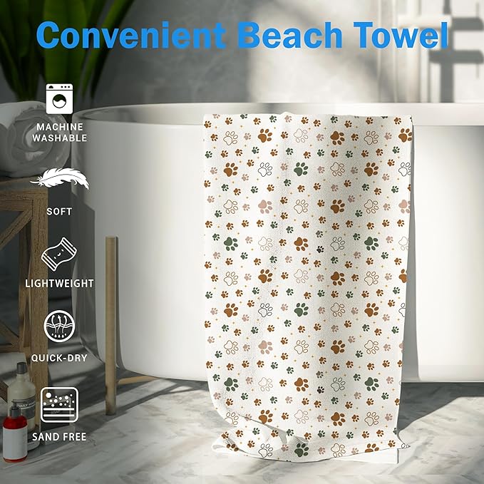 Cute Paws Dog Cat Pet Farmhouse Beach Towel Gifts for Women Dog Lovers Owner, Rustic Microfiber Quick Dry Travel Sand Free Beach Towels Oversized Decor for Bathroom Swimming Pool 30x60 Inch