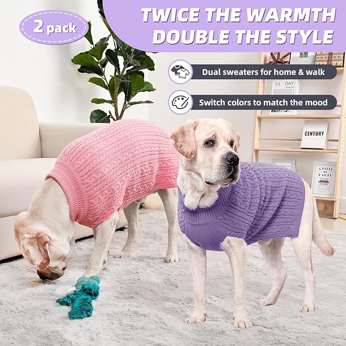 2 Pack Dog Sweaters for Big Dogs Turtleneck Pullover Cable Knit Large Size Stretch Clothes Pitbull Labrador Bulldog Doberman Boy Girl Pets Winter Clothes (XXL, Pink & Purple)