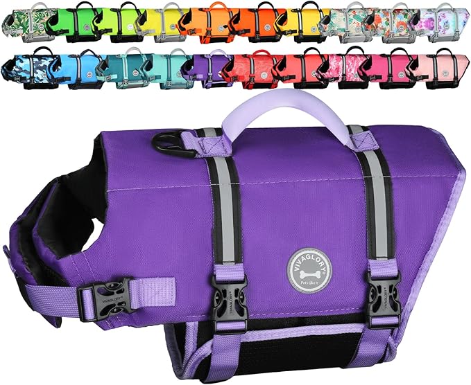 VIVAGLORY Rip Stop Dog Life Vest, Swimming Vest with Handle, Buoyancy for Doggy Puppy, Dog Life Jacket for Swimming & Boating, M, Purple
