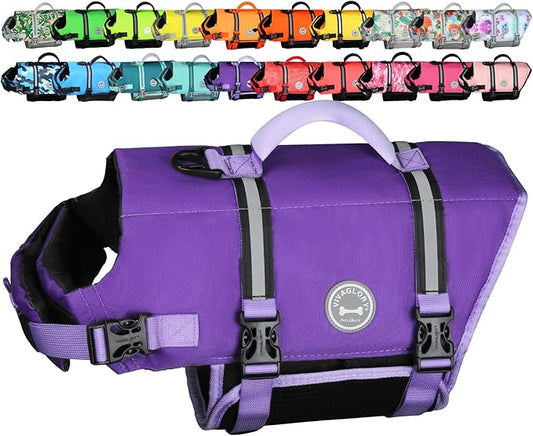 VIVAGLORY Rip Stop Dog Life Vest, Swimming Vest with Handle, Buoyancy for Doggy Puppy, Dog Life Jacket for Swimming & Boating, XL, Purple