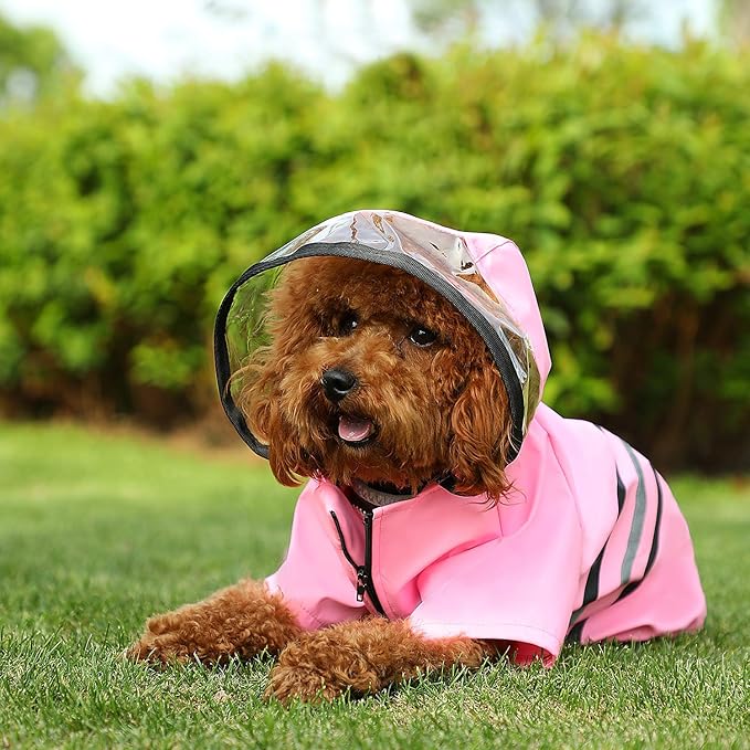 Wizland Reflective Dog Raincoat Dog Rain Jacket with Hood Lightweight Waterproof Rain Coat for Puppies (Pink L)