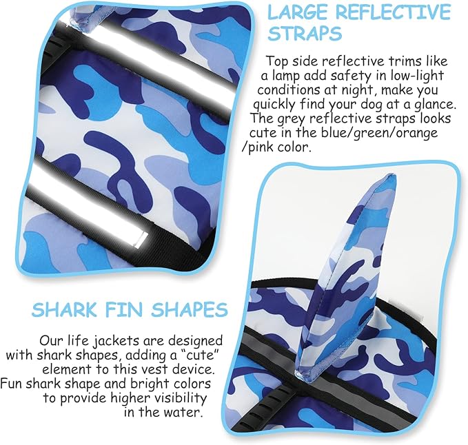 Fragralley Shark Camo Dog Life Jacket Swimming Vest with Reflective Material, Superior Buoyancy & Rescue Handle for Small to Large Dogs, Swim, Pool, Beach, Boating